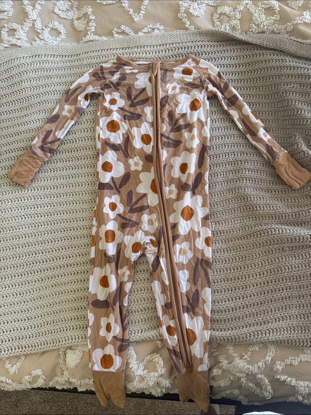 Little Sleepies Beige Floral Zip One-Piece Footed Pajamas